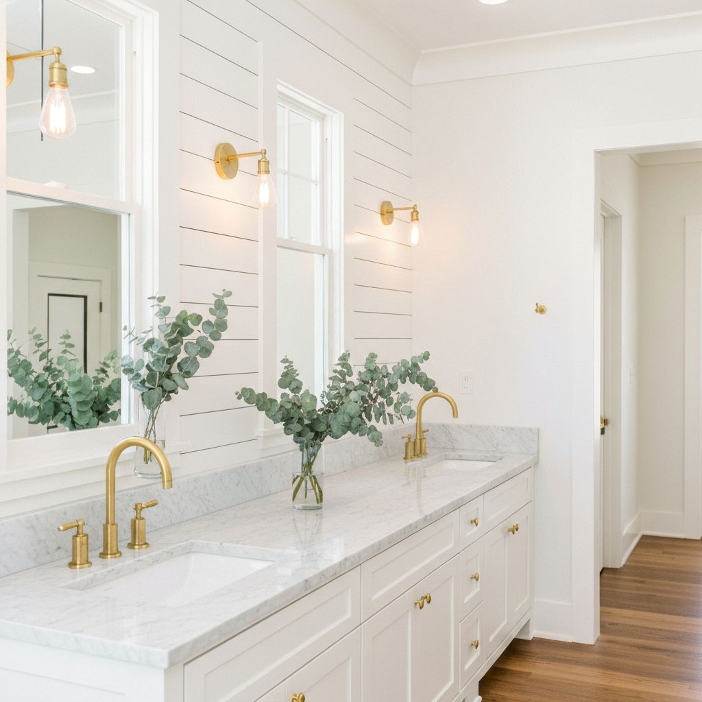 Interior of a luxury mobile restroom trailer with marble and gold accents